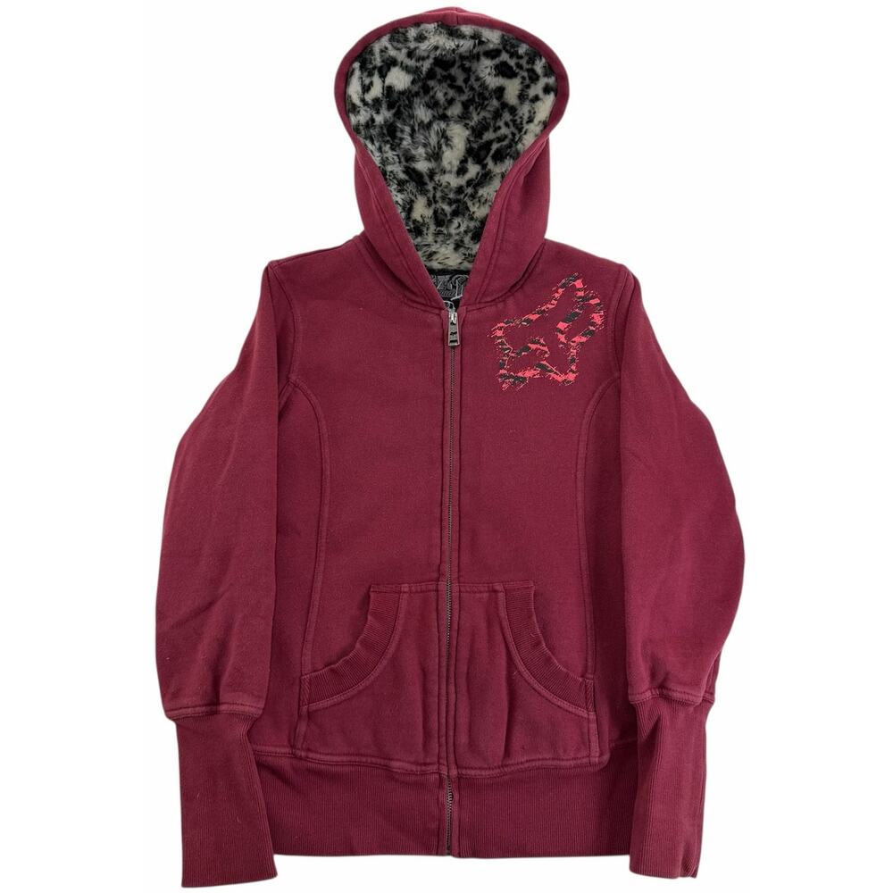 Women's y2k Fox Racing Faux Fur Fill Zip Hooded Red Sasquatch Size Medium Jacket